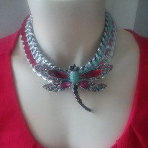 Handmade recycled crystal rhinestone Dragonfly statement necklace choker OOAK